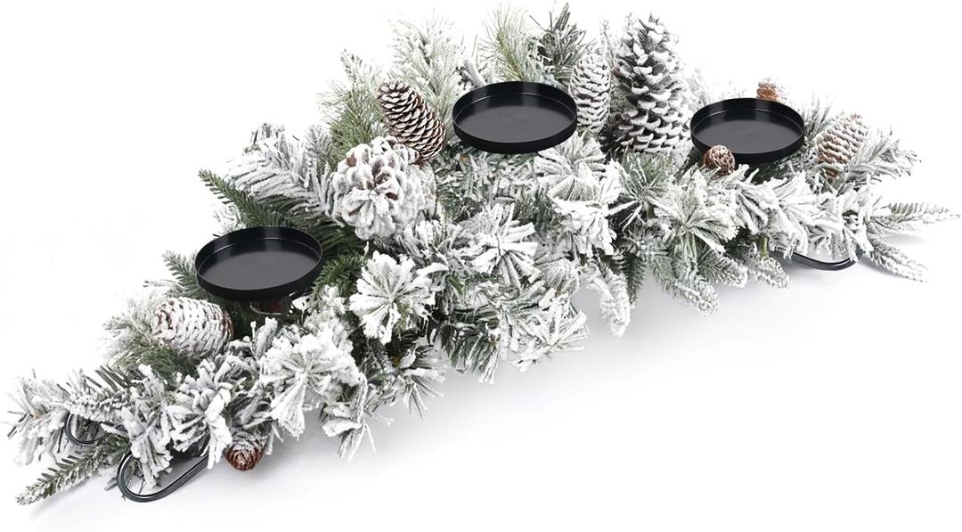 Christmas Centerpiece with 3 Candle Holders, 30 Inch Artificial Xmas Table Decor with Flocked Pine Needles, Frosted Pine Cones and Steel Base, Christmas Centerpieces for Dining Tables