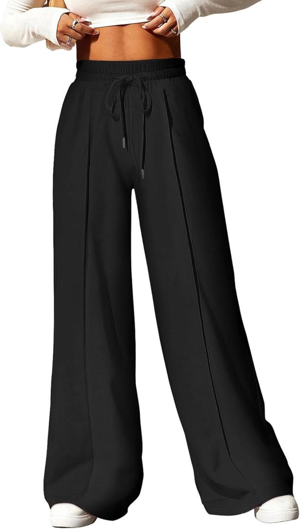 EVALESS Womens High Waisted Baggy Drawstring Sweatpants Casual Wide Leg Pants Long Trouser Slacks with Pockets (Medium, Black)