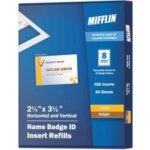 Mifflin Name Badge Refills 2.25"x3.5" (480 Cards, 60 Sheets) - Printable Name Tags - Customizable Blank Name Badge Inserts for Laser & Inkjet Printers - Personalized ID Labels