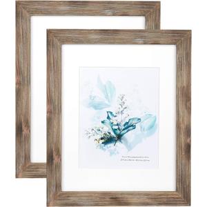KAIWIN 100% Solid Wood Brown 11x14 Picture Frame 2 Pack Display Picture 8x10 with Mat, Rustic Wooden Photo Frames for Wall Mounting