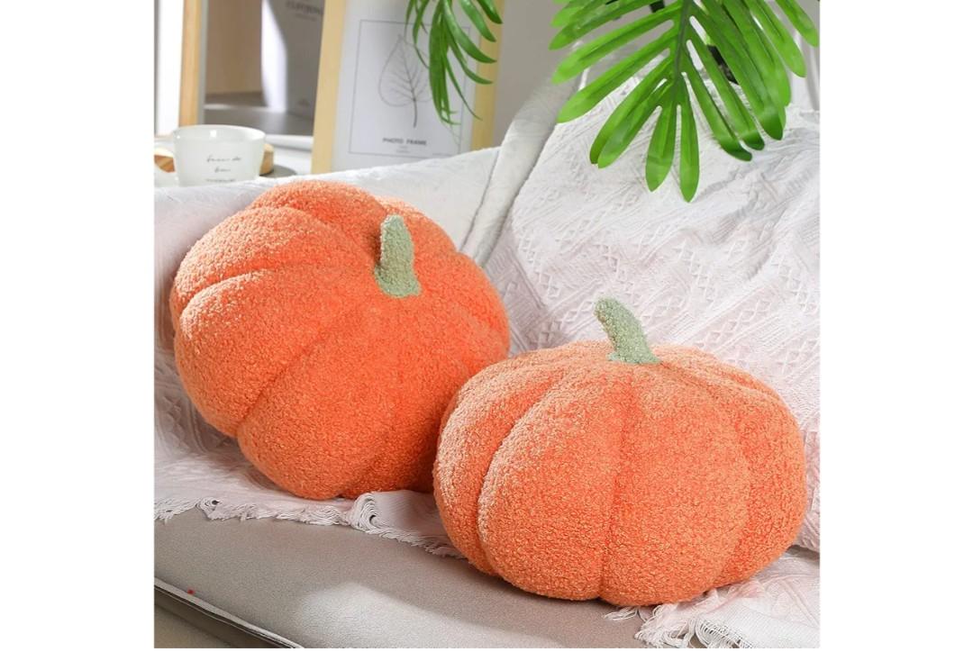 Queekay 2 Pcs Pumpkin Pillow Plush 11 x 9.5 Inch Thanksgiving Stuffed Pumpkin Decor for Fall Home Bedroom Throw Pillow Cushion Gifts for Holiday Operation Christmas Halloween Car Sofa(Orange)
