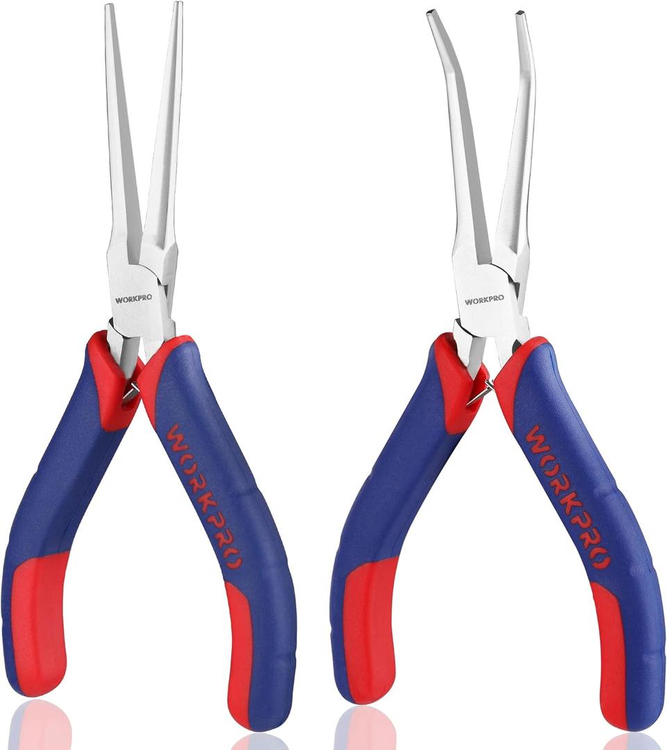 WORKPRO 2-Piece 6" Mini Needle Nose Pliers Set, Long Nose Pliers, Bent Nose Pliers with Comfort Grip Handles, Jewelry Plier For Wire Wrapping, Handmade Craft, Jewelry Making Supplies