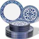 Hioasis 60pcs Blue Plastic Plates Set - Floral Blue & White Porcelain Design, 10.25" Dinner & 7.5" Dessert Plates Disposable for Wedding (Dishwasher Safe, Art Style), 7.5in/10.25in