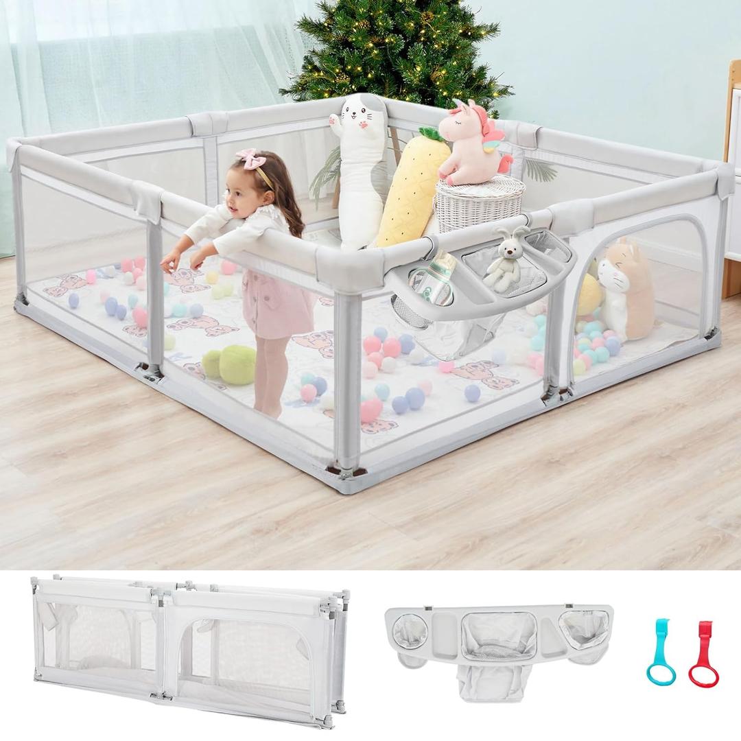 Baby Playpen Foldable 79x59 Playpen for Babies and Toddlers, Adjustable Play Pen for Toddlers 1-3 Baby Fence Play Yards for Indoor & Outdoor Gate with Packing Bag, Light Grey