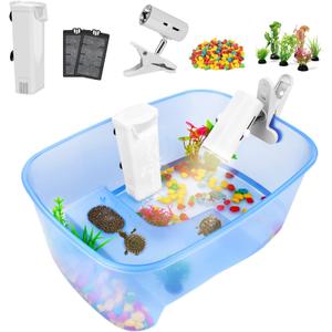 Rypet Baby Turtle Aquarium Tank Starter/ Accessories Kit - Reptile Terrariums Tortoise Habitat with UV Basking Light Lamp, Water Filter, Rocks, Small Plants for Frog Hermit Crab (Blue+pump Light)