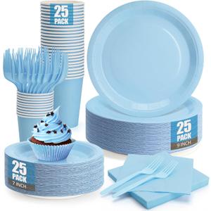 Light Blue Paper Plates and Napkins Party Supplies, Include 9Disposable Blue Plate, 7Dessert Plates Cups Napkins Forks for Baby Shower, Wedding, Birthday Decorations, Serves 25