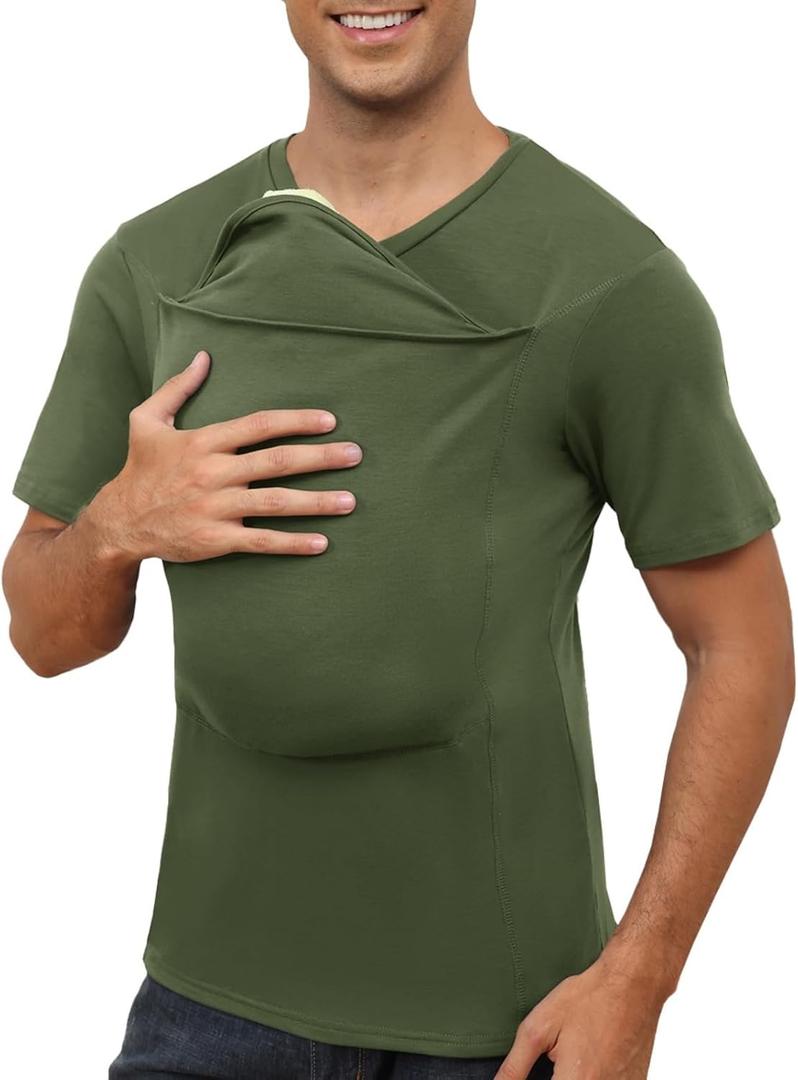 ThusFar Mens Baby Carrier Shirt Dad Shirt for Men Short Sleeve Baby Wearing T-Shirt V Neck Pocket Tee Shirts (Green, L)