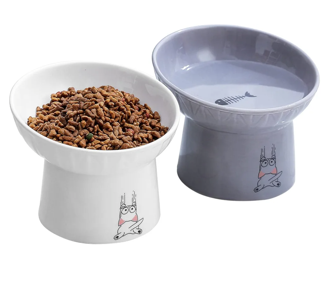 OMAYKEY 6.5 Inch Extra Wide Ceramic Raised Cat Bowl Set, Tilted Elevated Cat Bowls for Food and Water, Prevent Whisker Fatigue, Stress Free, Less Vomiting, Protect Spine, White & Grey