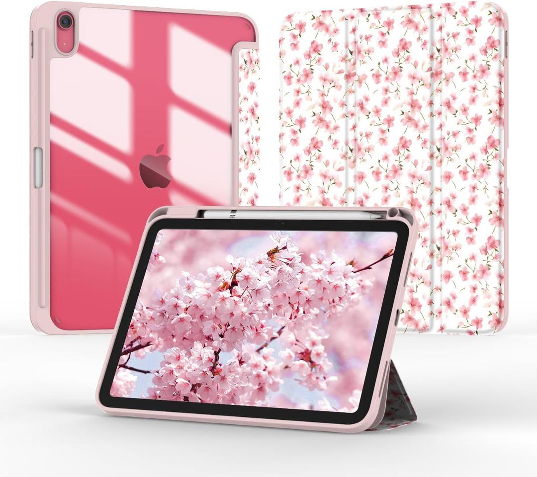 Case for iPad A16 11th Generation 11 Inch 2025/ iPad 10th Generation 2022 10.9 inch, Tri-Fold Smart Folio Auto Wake/Sleep with Clear Back/Pencil Holder for iPad 11/10 Gen(Floral Pink)