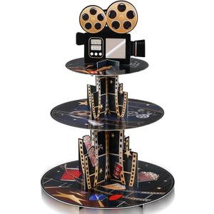 Zopeal 3 Tiers Movie Night Party Decorations Cupcake Stand Movie Cardboard Cupcake Holder Cinema Birthday Decoration for Cinema Night Themed Party Desserts Supply(Colorful)