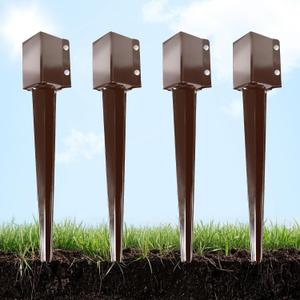 Thealyn Heavy Duty Metal Fence Post Anchor 24 Inch, 4"x4" Ground Spike with Dark Brown Powder Coating, Fence Post Base for Mailbox, Deck Railing, Gazebo, (3.5"x3.5" Inner Diameter), Pack of 4