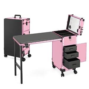ZhenGuiRu Rolling Manicure Table Foldable Nail Desk 4 Drawers, Makeup Organizer Blueteeth Speaker on Wheels, Travel Makeup Case with LED Mirror TSA Lock for Technician Workstation Salon