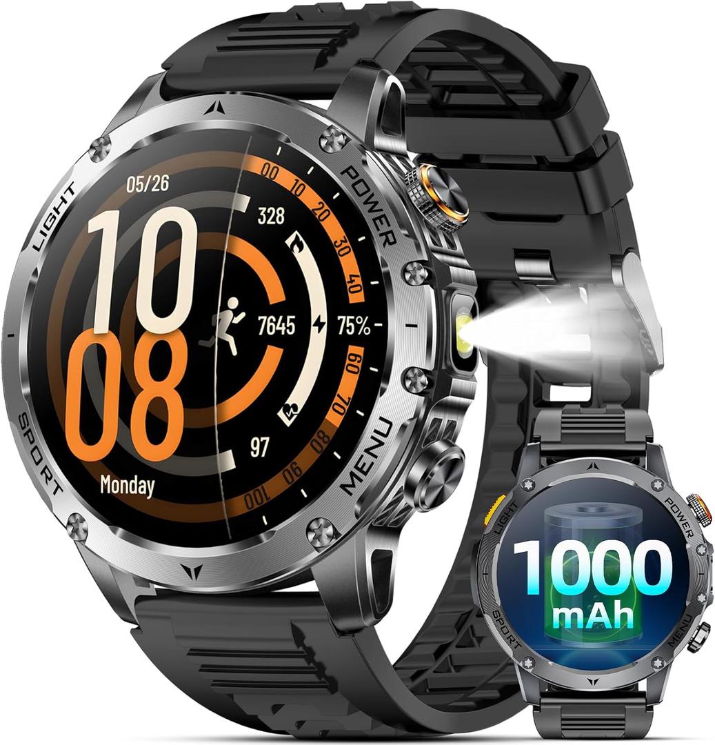 Military Smart Watches for Men, 1.7″ Smart Watch with 1000 mAh Battery, Led Flashlight, Answer/Make Calls, IP68 Waterproof, Heart Rate/Sleep Monitor 100+ Sport Modes Fitness Watch for Android/iPhone