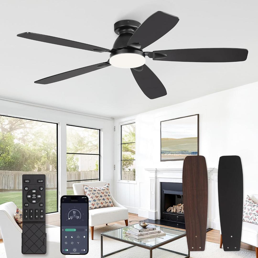52 Inch Ceiling Fans with Lights and Remote Control,Modern Flush Mount Ceiling Fan with 3CCT Dimmable,Low Profile Ceiling Fans with 6-Speeds Reversible DC Motor for Bedroom Living Room(Black)