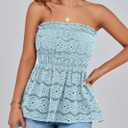 PRETTYGARDEN Women's Boho Tube Tops 2025 Summer Strapless Off Shoulder Eyelet Smocked Peplum Trendy Going Out Bandeau Top (Blue)