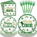 96Pcs St. Patrick's Day Lucky One Party Supplies St. Patrick's Day Plates Disposable St. Patrick Day 1st Birthday Tableware for Irish Lucky One Birthday Decorations, Serves 24