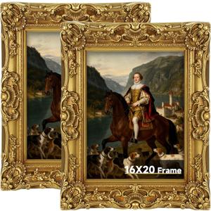 16x20 Gold Picture Frames 2 Pack, 16 x 20 Vintage Photo Frame Set for Wall Hanging, Large Antique Brass Poster Frame with Glass, 20x16 Ornate Thick Victorian Frames for Art Prints Gallery Home Decor