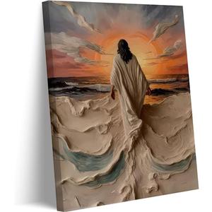 Abstract Jesus Walking on Water Canvas Wall Art Christian Spiritual Wall Decor Paintings Pictures Divine Light Modern Religious Posters Prints for Living Room Bedroom Church Decoration 12x16in