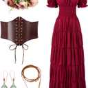 Spooktacular Creations 5Pcs Halloween Renaissance Medieval Dress Costume Women, Fairy Peasant Irish Cottagecore Dress (X-Large, Burgundy Dress With Accessories)