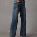 Womens Wide Leg Jeans Mid High Waisted Baggy Straight Leg Stretchy Denim Pants Seamed Long Trousers (Blue)