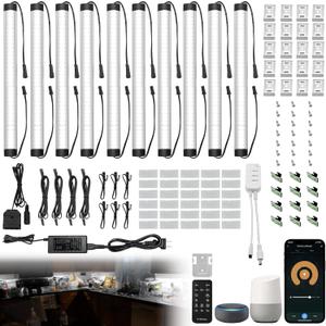 Under Cabinet Lights Kit, LED Smart Dimmable Strip Lighting Fixtures, 24V Plug in Linkable Bar LED Counter Lights for Pantry, Kitchen, Shelf, Bookcases, Showcase (10 PCS, Cold White)