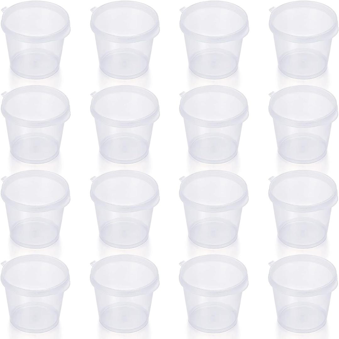 [100 Sets - 1 1/2 oz.] Plastic Disposable Portion Cups with Leak-Proof Lids, Souffle Cups, Jello Cups, Small Condiment Containers, Shot Cups, Dipping Sauce Cup, Salad Dressing Container, Cylinder