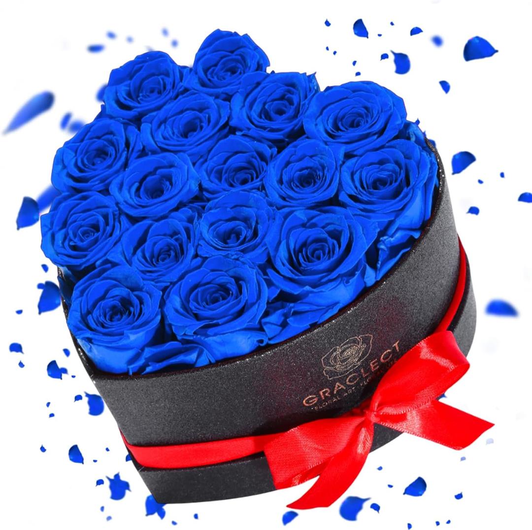 16 Flowers Forever in Heart Shape Box, Eternal Roses, Preserved Roses, Immortal Roses Birthday Gift for Her, Women, Mothers Day gifts for mom - Blue Rose