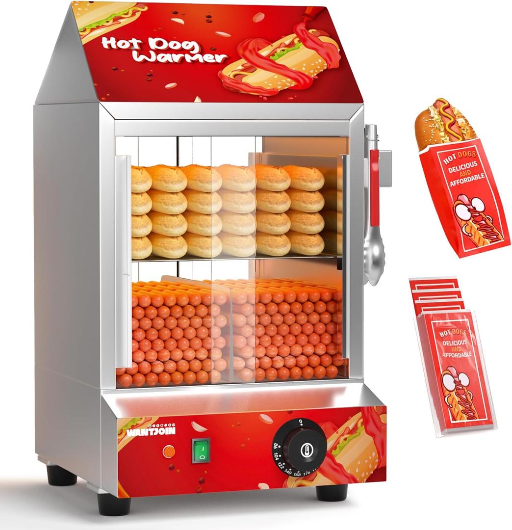 WantJoin Hot Dog Steamer with Bun Warmer - Electric Steaming Machine 2-Tier 27L/28.8 QT Capacity for 175 Hot Dogs & 40 Buns, Visible Glass Slide Doors for Commercial Home Use