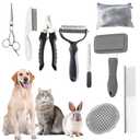 KUEIOX Dog Brush for Shedding,9 PCS in One Pet Slicker Hair Brush Kit with Pet Nail Clipper and File - Dog Cat Grooming Deshedding Undercoat Rake Brush Comb for All Small Large Dogs Cats Grey
