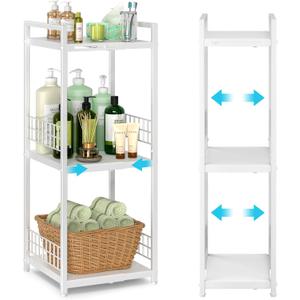 Expandable Slim Storage Shelf, 3 Tier Metal Shelving Unit for Bathroom Storage Organizer, Free-Standing Narrow Shelf, Open Floor Shelves for Small Spaces,Laundry,Bathroom,Kitchen, White