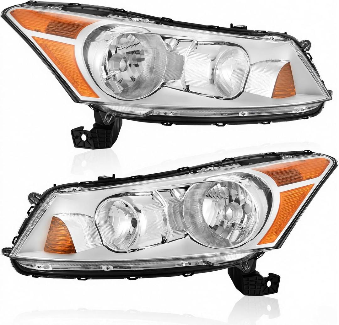 AUTOSAVER88 Headlight Assembly Compatible with 2008-2012 Accord 4-Door Sedan Headlamp Replacement Chrome Housing Amber Reflector - Pair Set
