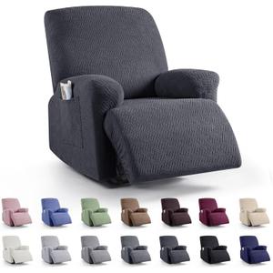 KinCam Recliner Covers, Stretch Reclining Chair Covers, Recliner Sofa Slipcovers Stripe Jacquard Recliner Couch Covers Furniture Protector Covers for Pet Kid (1 Seater, Charcoal Gray)
