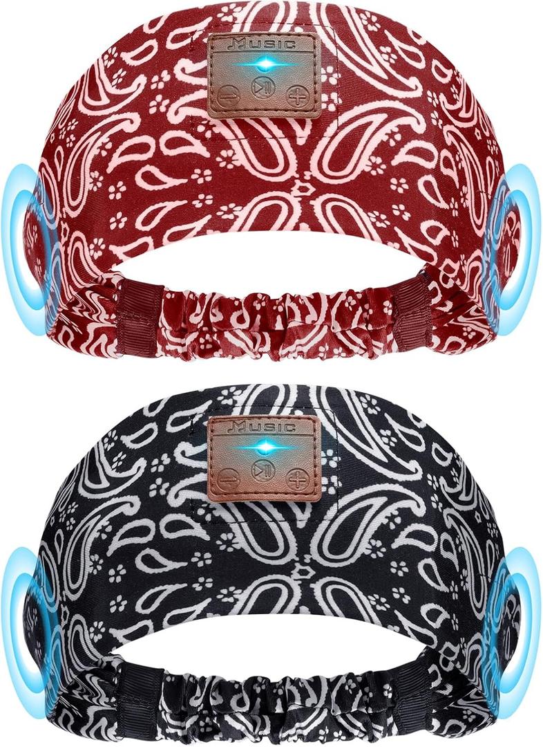 2-Pack Sleeping Headphones, Ultra-Thin HD Stereo Speaker, Bluetooth Headband for Sports, Workouts, Insomnia, Yoga, Air Travel, Meditation - Pattern Black & Pattern Red