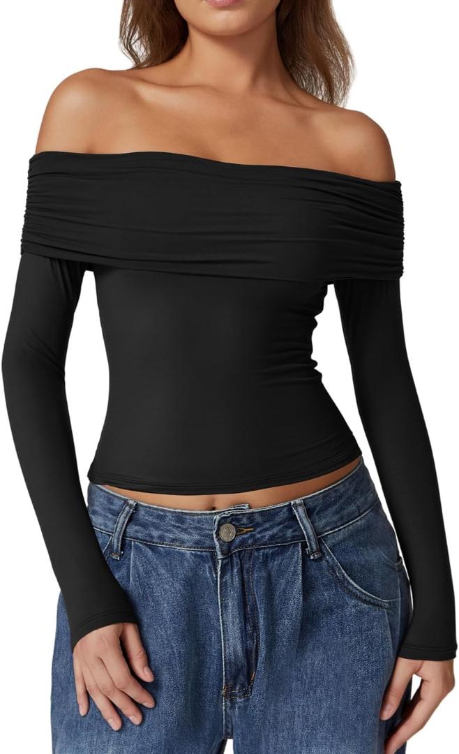 QINSEN Womens Off The Shoulder Tops Double Lined Long Sleeve T Shirts Slim Fitted Stretchy Crop Top (X-Small, Black)