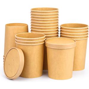32 Oz Compostable Paper Soup Cups, 25 Pack Kraft Heavy Duty Cups, Disposable Paper Soup Containers with Vented Lids, Microwave Safe Party Cups, Eco Friendly Alternative to Plastic Containers