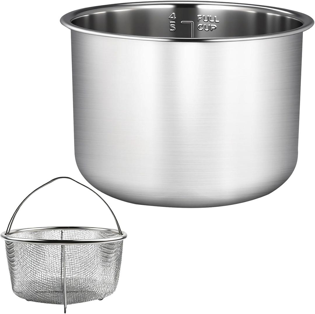 6 Quart Stainless Steel Inner Pot, Compatible with Instant Pot 6 Quart Certain Models, 0 coating, Includes 1 6 QT Inner Pot and 1 Steamer Basket. Not Compatible With CrockPot.