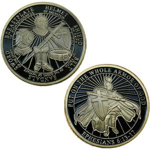 Put On The Whole Armor of God Black Enamel Challenge Coin Antique Gold
