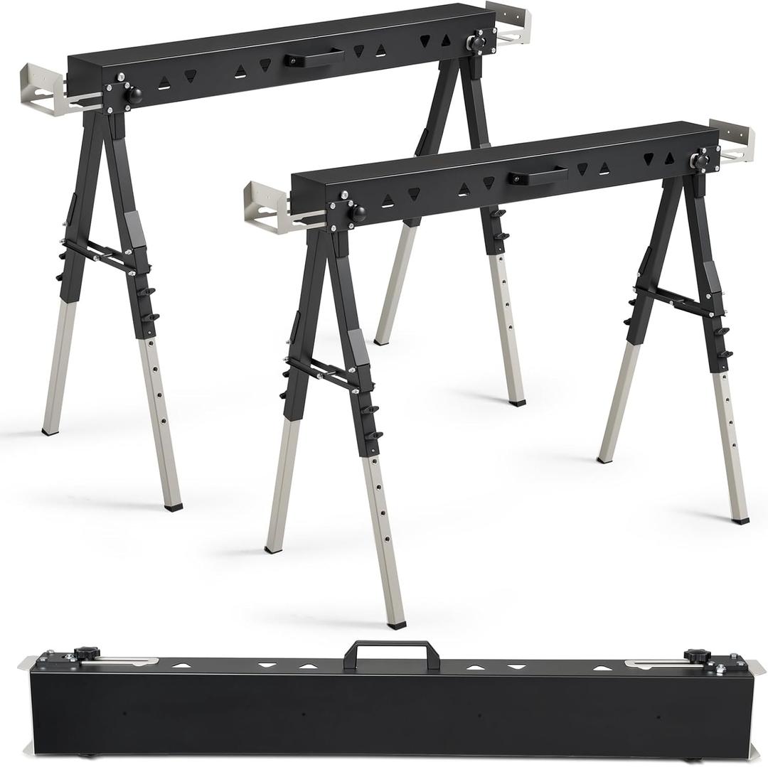 OLBRUS 2 Pack Heavy Duty Folding Sawhorse Pair, Adjustable Height & Legs, Portable Metal Saw Horses with 2600 LBS Load Capacity, Portable Folding and Fast Open Legs and Easy Grip Handle for Woodworking.