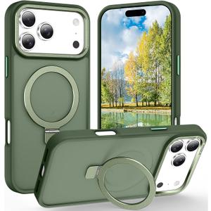 Magnetic for iPhone 17 Pro Case with Ring Stand, [10 FT Drop Protection] [Velvety Touch] Slim Translucent Matte Back Shockproof Phone Case for iPhone 17 Pro 6.3'', Midnight Green