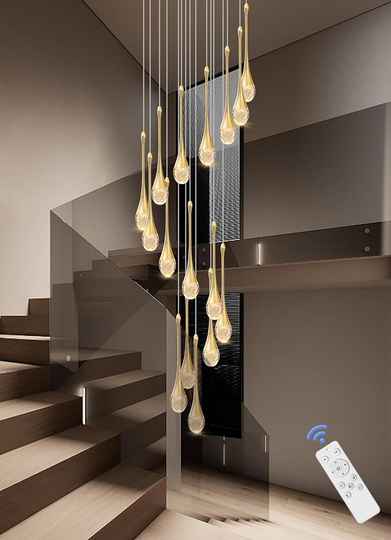 120'' Long Spiral Crystal Chandeliers 16-Lights Gold Bubble Raindrop Crystal Pendant Chandelier Staircase Slanted Ceiling Loft Fixtures LED Dimmable 2700-6000K (R Gold)
