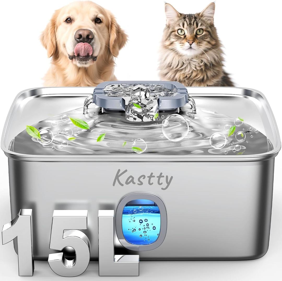 Kastty 15L/3.96 Gal Stainless Steel Dog Water Bowl Dispenser, Large Capacity Dog Water Fountain Quiet LED Light Triple Filtration BPA-Free, Automatic Pet Water Fountain Easy Cleaning for Multi-pet
