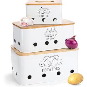 3 Pack Potato Onion Garlic Storage Set, Iron Vegetable Storage Bins with Holes Bamboo Lids, Stackable Kitchen Organization Container Storage Tin for Countertop Pantry