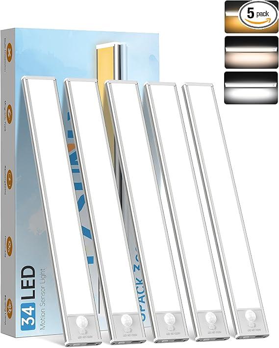 5 Pack Under Cabinet Lighting,Rechargeable Motion Sensor Light Indoor,3 Colors Dimmable,Magnetic Closet Lights,Under Counter Lights for Kitchen