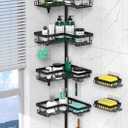 Tension Pole Shower Caddy Corner - 4 Tier Floor to Ceiling Bathroom Shower Organizer 25-112.4 inch Adjustable, Multiple Hooks, 2 Extra Soap Holders, Stable Base, Rustproof, Black