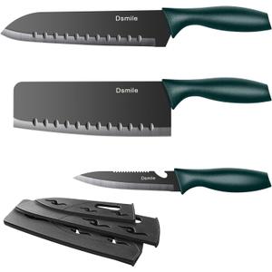 Dsmile 3-Piece Stainless Steel Kitchen Knife Set (Chef, Utility, Paring) with Clad Dimple and Knife Covers, For Chef Cooking Cutting