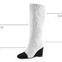 Women's Knee High Wedge Boots, Lightweight Fabric Dress Boots with Round Toe and Side Zipper, Fashion Color Block Design, Comfortable Wedge Heel Boots for Casual, Work, Party (White, M)