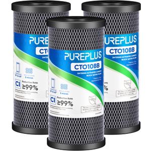 PUREPLUS Coconut Shell Water Filter Cartridge | Activated Carbon Block CTO | Universal Whole House 5 Micron 10 inch Cartridge | Compatible with WFHDC8001, CB-BB-10, EPM, EP-BB, 3Pack