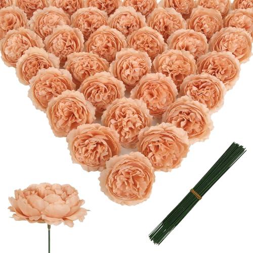 YIFYBY 50 Pcs Peach Rose Artificial Heads Flowers with Stems 3.3'' Fake Silk Rose Heads Faux Flowers for Wedding Bridal Bouquet Floral DIY Centerpieces Arrangements Home Party Tables Decor (Peach)