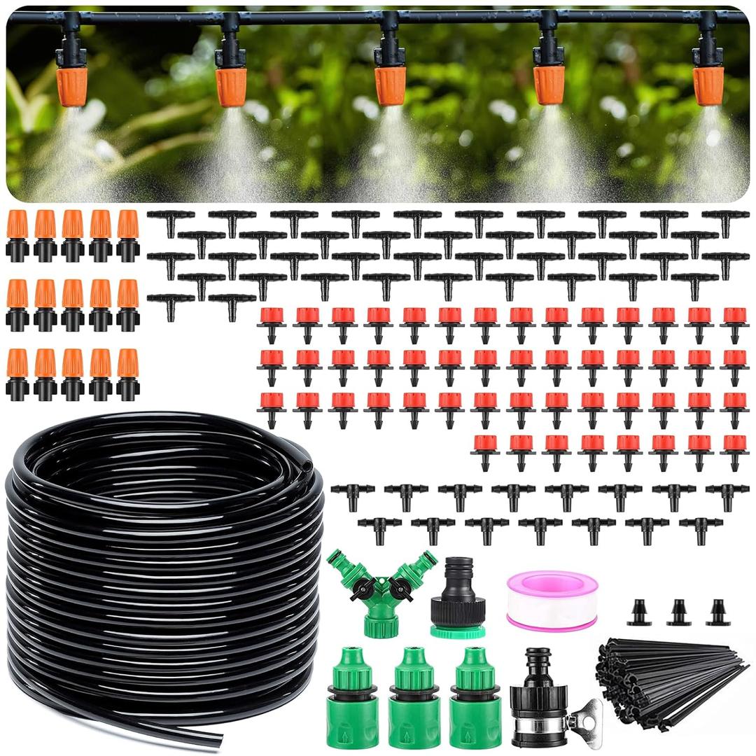 LasTool 164FT Drip Irrigation Kit,Automatic Garden Watering System with 1/4" Tubing,Adjustable Mist Sprayer Nozzles & Drip Emitters for Raised Bed,Patio,Lawn, Greenhouse-Easy DIY Installation