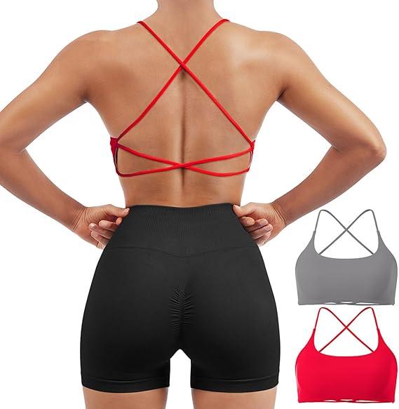 SUUKSESS Women 2 Piece Open Back Sports Bra Pack Strappy Workout Gym Yoga Crops  (Medium, Grey & Red)